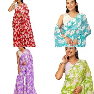 Women's Georgette Floral Printed Ready To Wear One Minute Pre Stitched Saree with Unstitched Blouse Piece