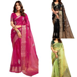 Women's Organza Sequins Embroidery Jacquard Saree with Unstitched Blouse Piece