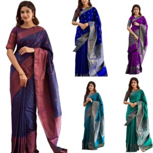 Women's Banarasi Kanjivaram Cotton Silk Jaquard Saree Printed Saree With Unstitched Blouse Material