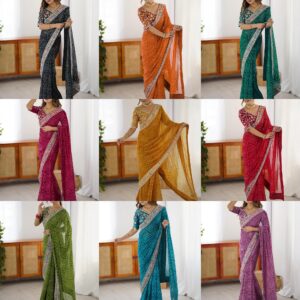 Women's Georgette Bandhani Printed Festive Saree with Unstitched Blouse Piece