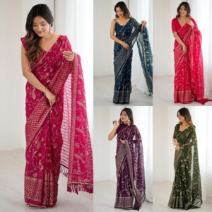 Women's Georgette Foil Printed Gota Lace Self- Woven Saree with Unstitched Blouse Piece