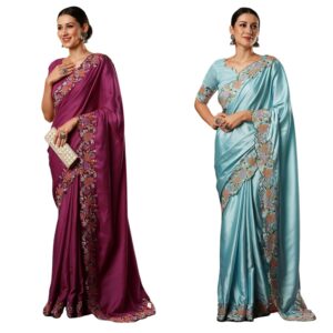 Women's Satin Embroidery And Scalloped Border Saree with Unstitched Blouse Piece