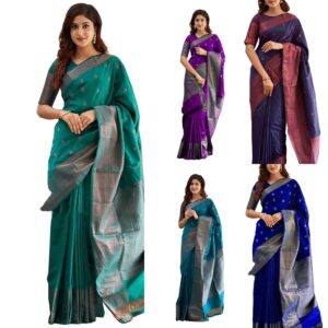 Women's Banarasi Kanjivaram Cotton Silk Jaquard Saree Printed Saree With Unstitched Blouse Material