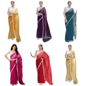 Women's Net Pearl Work Saree With Unstitched Blouse Piece