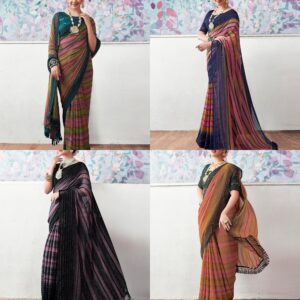 Women's Georgette Printed Zari Stripe Saree With Unstitched Blouse Piece