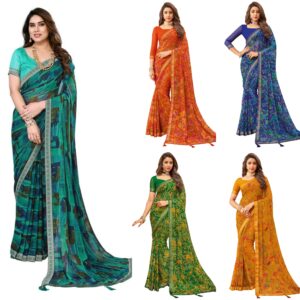 Women's Floral Printed Chiffon Saree with Blouse