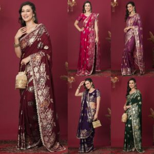 Women's Kanjivaram Silk Saree Pure Silk Banarasi Saree With Unstitched Blouse Piece