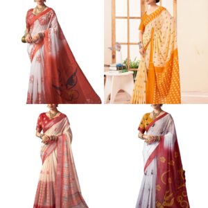 Women's Cotton Printed Durga Pooja Saree With Unstitched Blouse