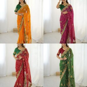 Women's Georgette Bandhani Printed and Embroidery Saree with Unstitched Blouse Piece