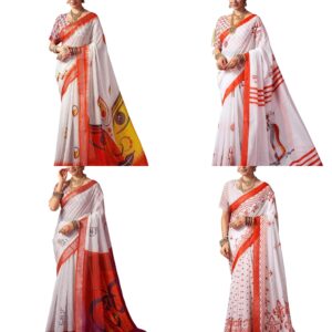 Women's Cotton Printed Durga Pooja Saree With Unstitched Blouse