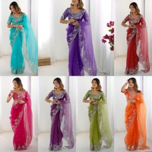 Women's Organza Sequence Embroidery Saree With Unstitched Blouse Piece