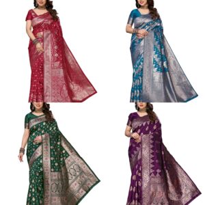 Women's Banarasi Kanjivaram Cotton Silk Saree With Unstitched Blouse Material