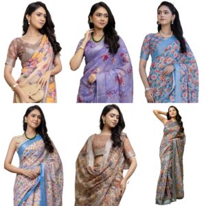 Women's Cotton Linen Floral Print One Minute Ready to Wear Saree With Unstitched Blouse Piece