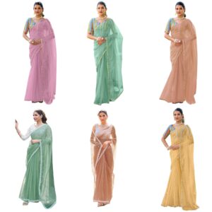 Women's Net Pearl Work Saree With Unstitched Blouse Piece (Copy)