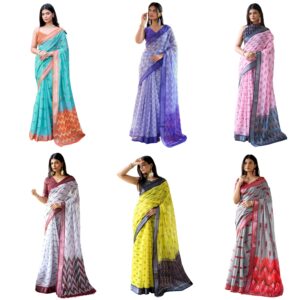 Women's Cotton Linen Ikkat Printed Saree With Unstitched Blouse Piece