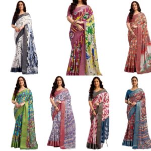 Women's Tussar Silk Weaving Border Printed Saree with Unstitched Blouse Piece