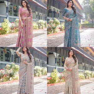 Cotton Floral Printed Saree with Tassels on Edges & Attached Blouse Piece