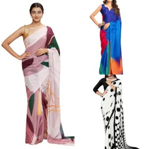 Women's Printed Silk Crepe Saree with Unstitched Blouse