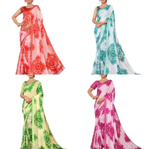 Women's Saree Weightless Georgette Saree Satin Printed Saree Hot Fix Swarovski Lace Saree Saree with Tassels Unstitched Blouse Material Saree