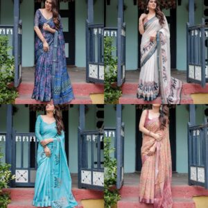 Women’s Handloom Linen Floral Printed Saree with Tassels & Attached Blouse