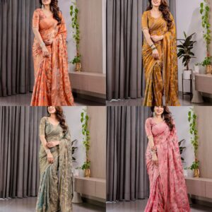 Chiffon Saree for Women with Foil & Block Print, Tassels on Pallu, Pearl Lace Border & Attached Blouse