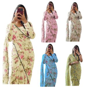 Women's Georgette Digital Printed Ready To Wear one Minute Saree With Unstitched Blouse Piece