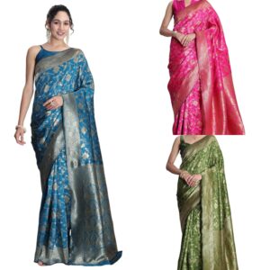 Women's Silk Blend Geometric Woven Design Banarasi Saree with Blouse Piece