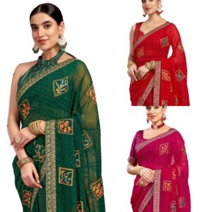 Women's Georgette Embroidery Stone Work Saree With Unstitched Blouse Piece