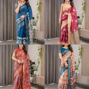 Women's Cotton Floral Printed Saree with Tassels on Edges & Attached Blouse Piece