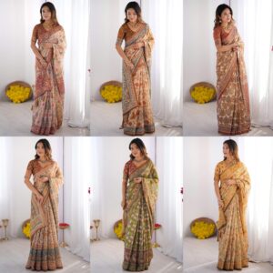Women's Cotton Linen Printed Handloom Saree with Unstitched Blouse Piece