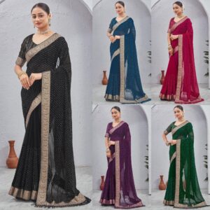 Women's Georgette Hot Fixing Stone Work Saree With Unstitched Blouse Piece