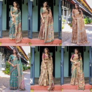 Handloom Cotton Saree, Turquoise Floral Print with Lotus Motifs, 5.5 Metres with Blouse Piece