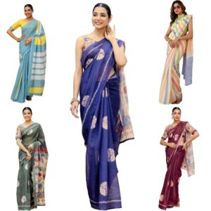 Women's Cotton Linen Printed Saree with Unstitched Blouse Piece