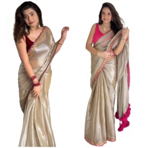 Women's Soft Organza Silk Saree With Embroidered Lace Boarder & Jhumka With Unstitched Blouse Piece