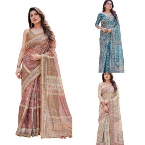 Handloom Cotton Floral Printed Saree with Tassels on Edges & Attached Blouse Piece