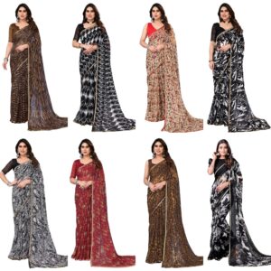 Women's Lace & Printed Chiffon Saree with Unstitched Blouse Piece