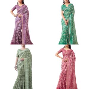 Women's Cotton Printed Zari Stripe Saree With Unstitched Blouse Piece