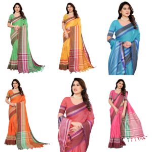 Women's Cotton Blend Saree With Tassels & Unstitched Blouse Piece