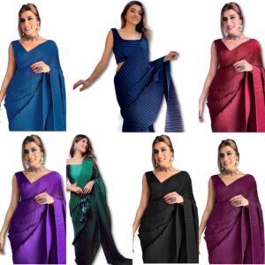 Women's Full Crushed/Pleated Satin Saree With Unstitched Blouse Piece