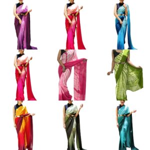 Women's Chinon Ready To Wear 1 Minute Pre Draped saree With Unstitched Blouse Piece