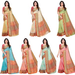 Women's Kota Doria Cotton Manipuri Saree With Unstitched Blouse Piece