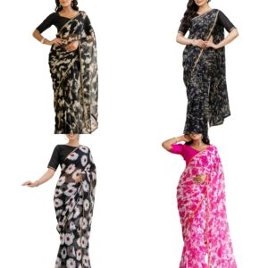 Women's Chiffon Printed Saree with Unstitched Blouse Piece