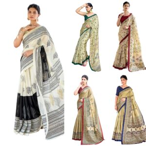 Women's Cotton Blend Madhubani Printed Saree With Unstitched Blouse Piece