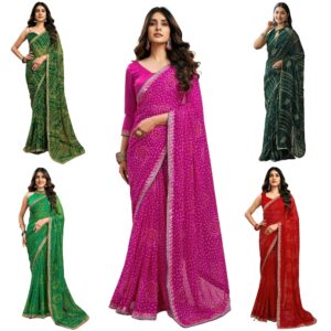 Women's Georgette Bandhani Printed Saree With Unstitched Blouse Piece