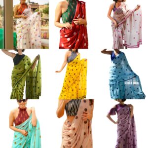 Women's Polka Dot Printed Linen Cotton Saree With Unstitched Blouse Piece