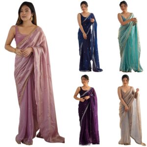 Women's Paper Silk Embroidered Saree With Unstitched Blouse Piece