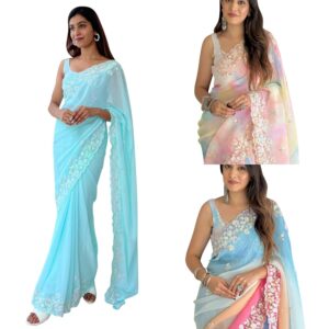 Women's Georgette Embellished Saree With Unstitched Blouse Piece