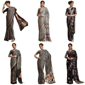 Women's Pure Crepe Striped Printed Saree With Unstitched Blouse Piece