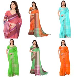 Women's Cotton Blend Saree With Tassels & Unstitched Blouse Piece