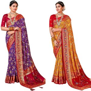 Women's Tussar Silk Ikat Printed Saree With Unstitched Blouse Piece
